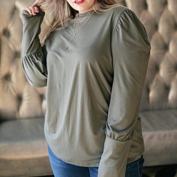 Celeste Olive Puff Sleeve Super Soft Top - Picture 3 of 3